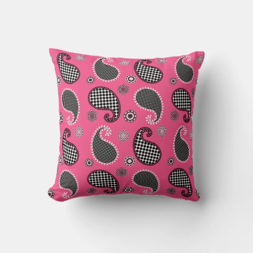 Paisley pattern fuchsia pink black and white throw pillow