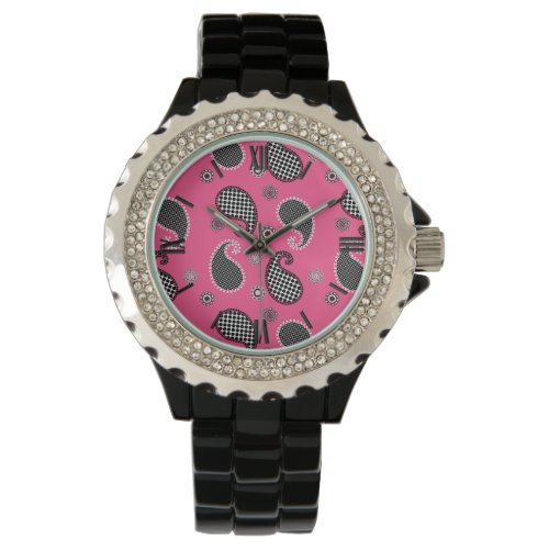 Paisley pattern fuchsia pink black and white watch
