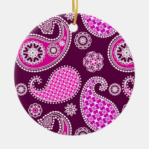 Paisley pattern fuchsia pink purple and white ceramic ornament