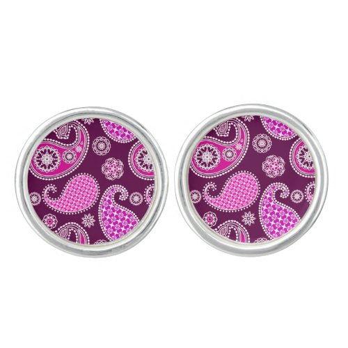 Paisley pattern fuchsia pink purple and white cufflinks