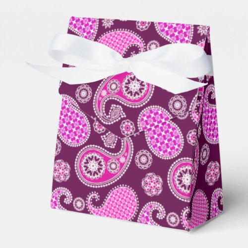 Paisley pattern fuchsia pink purple and white favor boxes