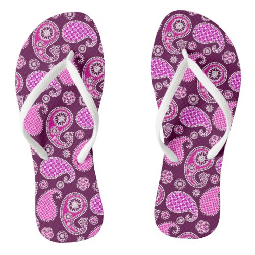 Paisley pattern fuchsia pink purple and white flip flops