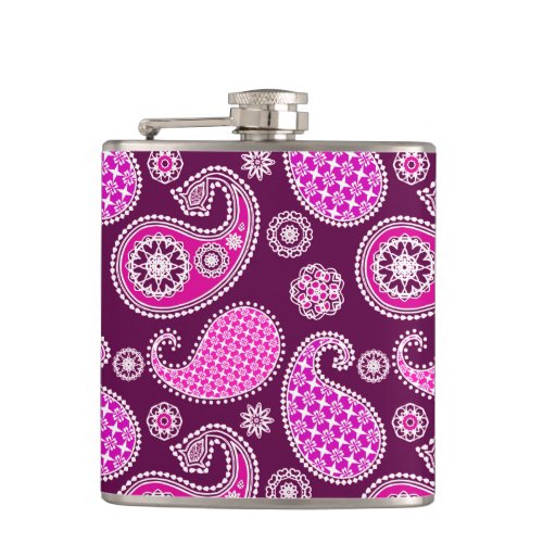 Paisley pattern fuchsia pink purple and white hip flask