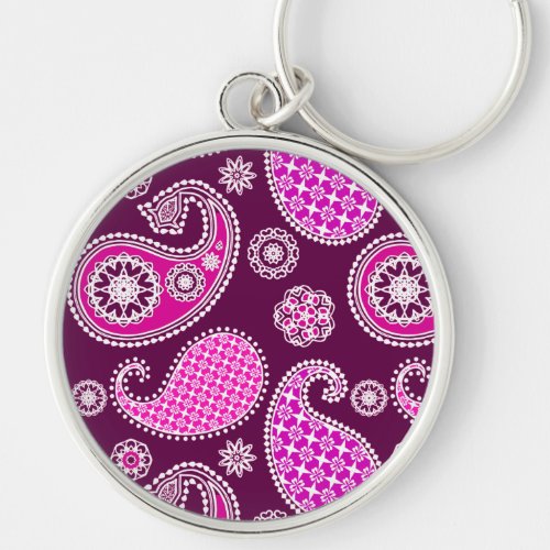 Paisley pattern fuchsia pink purple and white keychain