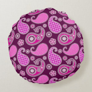 Paisley pattern, fuchsia pink, purple and white round pillow