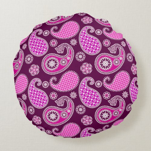 Paisley pattern fuchsia pink purple and white round pillow