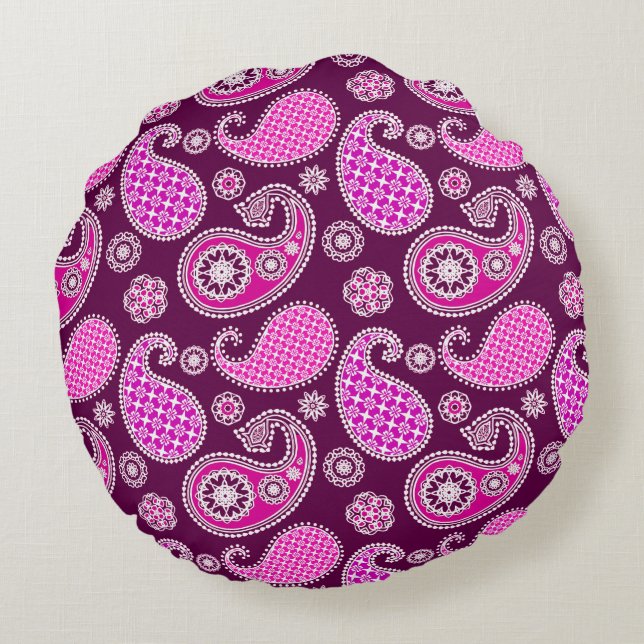 Paisley pattern, fuchsia pink, purple and white round pillow (Back)