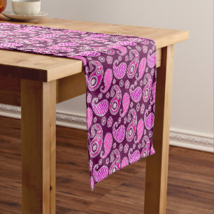 Paisley pattern, fuchsia pink, purple and white short table runner