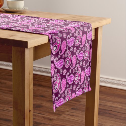 Paisley pattern fuchsia pink purple and white short table runner