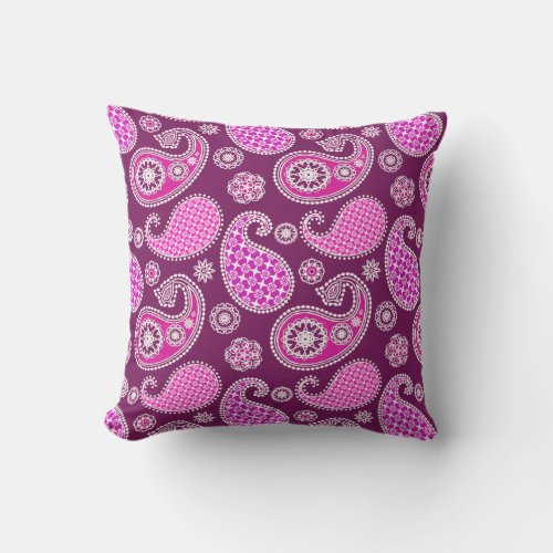 Paisley pattern fuchsia pink purple and white throw pillow