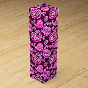 Paisley pattern, fuchsia pink, purple and white wine gift box
