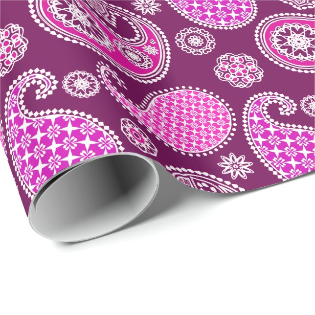 Paisley pattern, fuchsia pink, purple and white wrapping paper (Roll Corner)