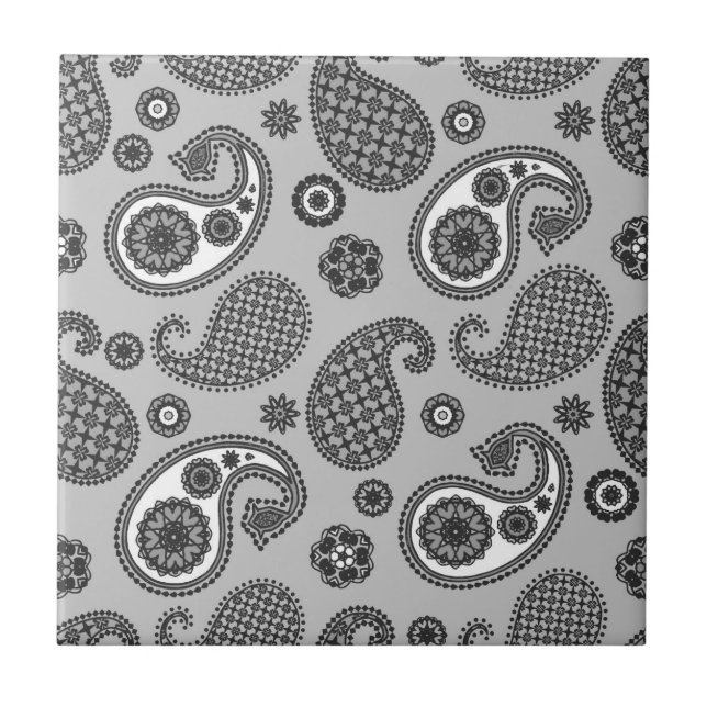 Paisley Pattern, Gray, Black and White   Ceramic Tile (Front)