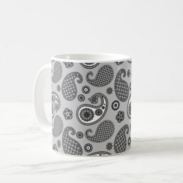 Paisley Pattern, Gray, Black and White Coffee Mug (Front Left)
