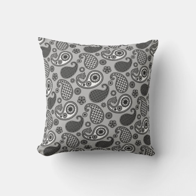 Paisley Pattern, Gray, Black and White  Throw Pillow (Front)