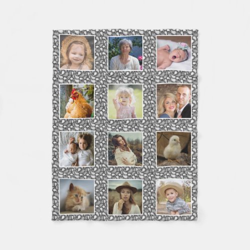 Paisley Pattern Gray Custom Family Photo Collage Fleece Blanket