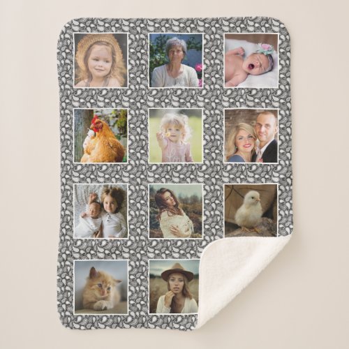 Paisley Pattern Gray Custom Family Photo Collage Sherpa Blanket