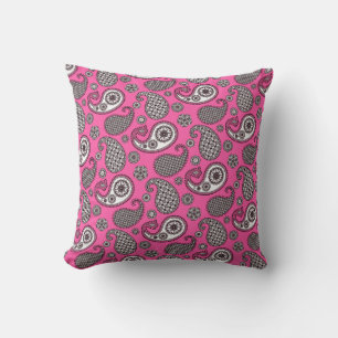 Paisley Pattern, Gray on Fuchsia Pink Throw Pillow