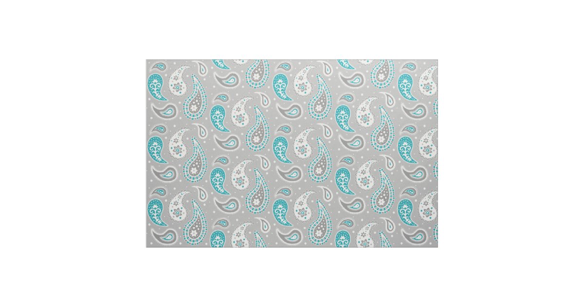 Paisley Pattern Grey and Teal Fabric | Zazzle