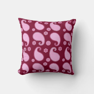 Paisley pattern, ice pink and burgundy throw pillow