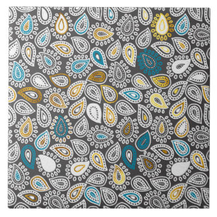 Paisley pattern in white, grey, gold and turquoise ceramic tile