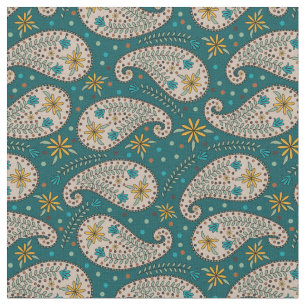Paisley Pattern in Yellow Blue Greige on Teal Fabric