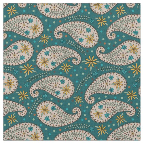 Paisley Pattern in Yellow  Blue  Greige on Teal Fabric