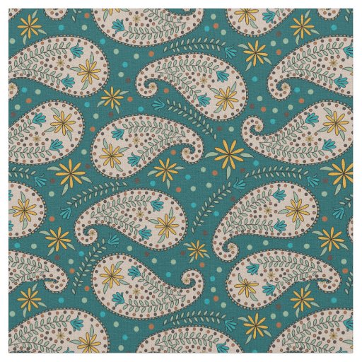 Paisley Pattern in Yellow | Blue | Greige on Teal Fabric