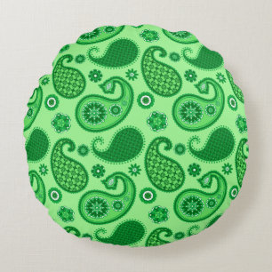 Paisley Pattern, Jade and Emerald Green Round Pillow