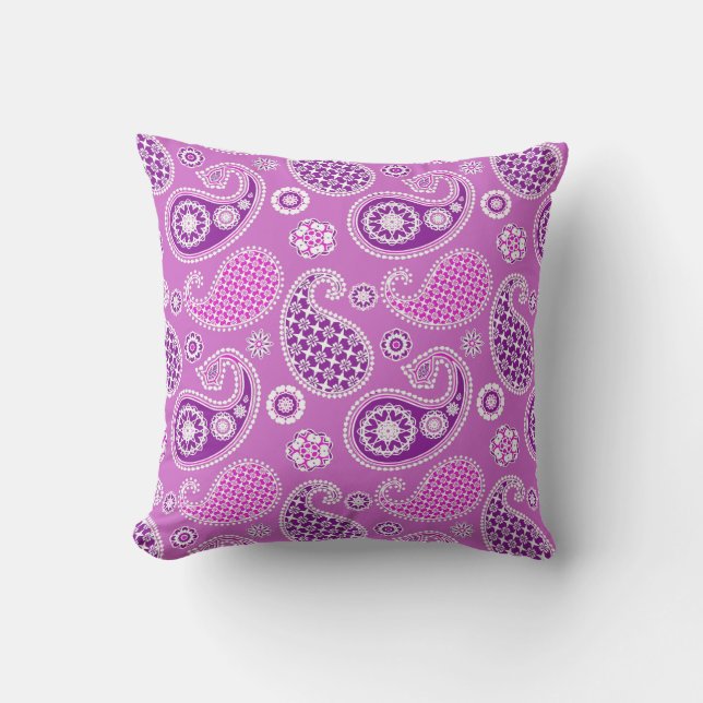 Paisley Pattern, Lilac and Amethyst Purple Outdoor Pillow (Front)