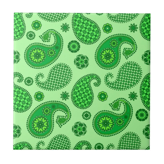 Paisley Pattern, Lime and Emerald Green Ceramic Tile (Front)