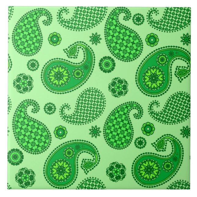 Paisley Pattern, Lime and Emerald Green Ceramic Tile (Front)