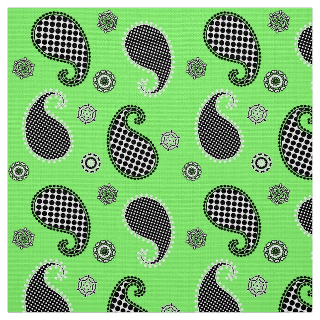 Paisley pattern, lime green, black and white fabric (Swatch)