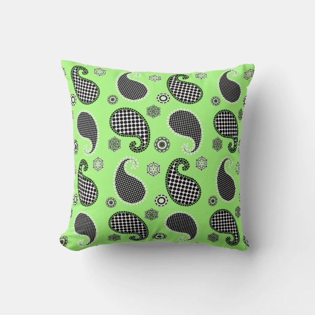 Paisley pattern, lime green, black and white throw pillow (Front)