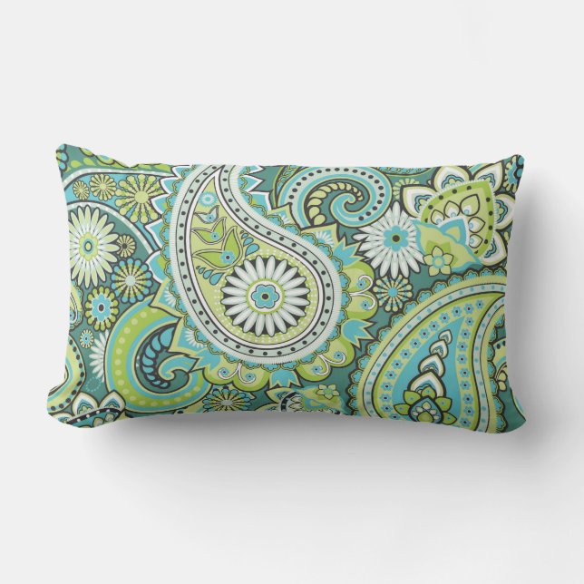 Paisley Pattern Lime Green Turquoise Outdoor Lumbar Pillow (Front)