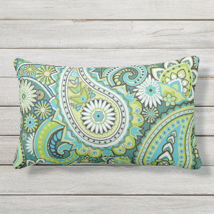 Paisley Pattern Lime Green Turquoise Outdoor Lumbar Pillow
