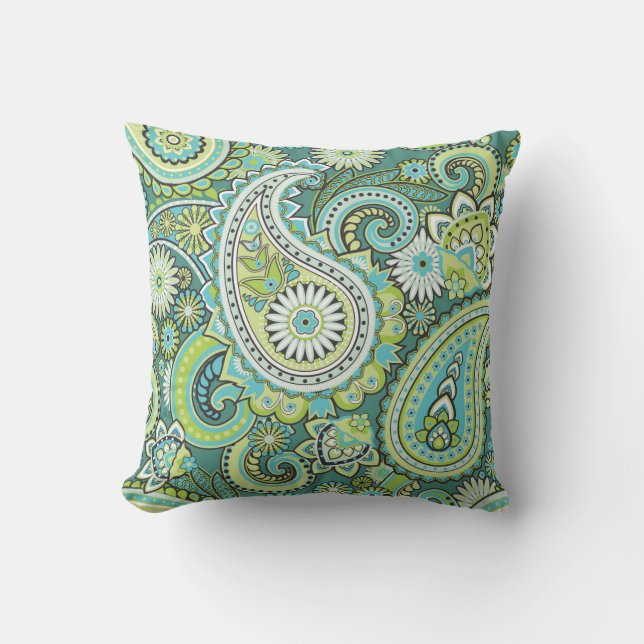 Paisley Pattern Lime Green Turquoise Outdoor Pillow (Front)