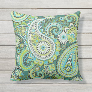 Paisley Pattern Lime Green Turquoise Outdoor Pillow