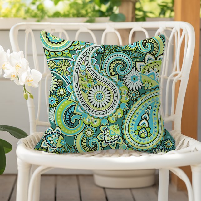 Paisley Pattern Lime Green Turquoise Outdoor Pillow (Creator Uploaded)