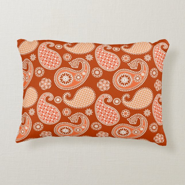 Paisley pattern, Mandarin Orange and White Accent Pillow (Back)