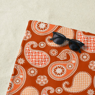 Paisley pattern, Mandarin Orange and White Beach Towel