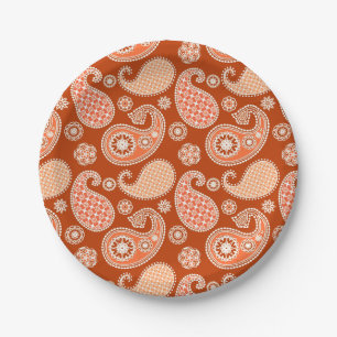 Paisley pattern, Mandarin Orange and White Paper Plates