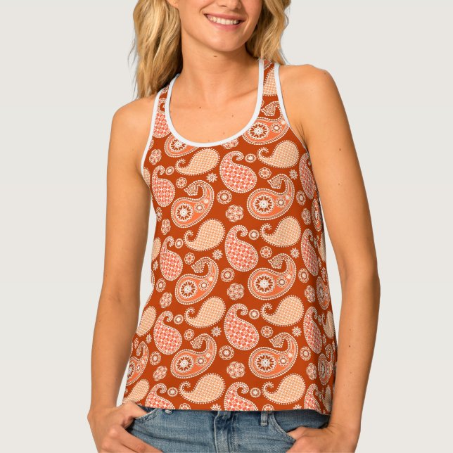 Paisley pattern, Mandarin Orange and White Tank Top (Front)