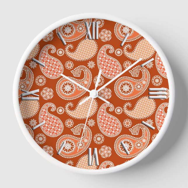 Paisley pattern, Mandarin Orange and White Wall Clock (Front)