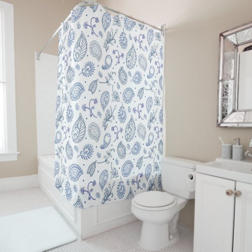 Paisley Pattern Navy Blue and White Hamptons Style Shower Curtain
