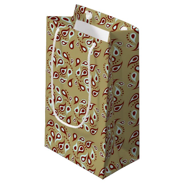 Paisley pattern on brown small gift bag (Front Angled)