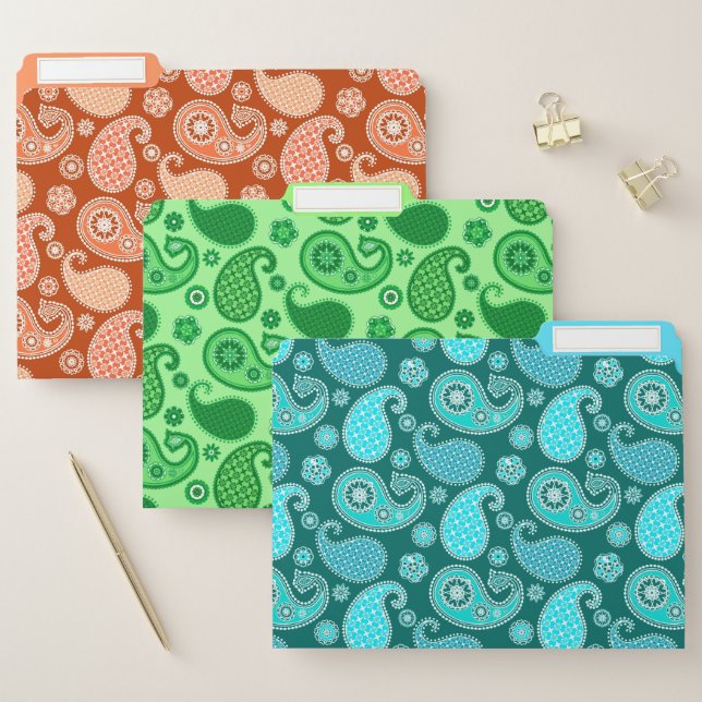Paisley pattern on Orange, Teal and Lime Green File Folder (Set)