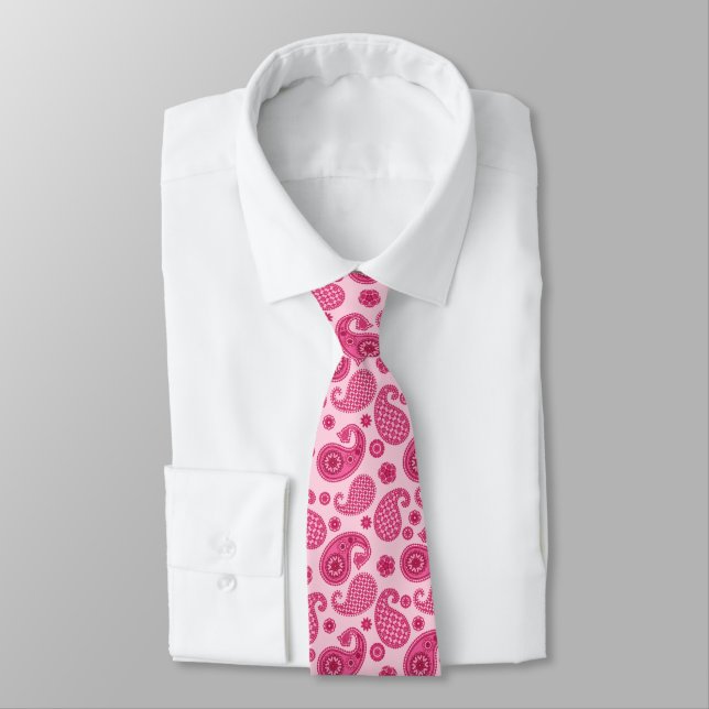 Paisley Pattern, Pastel Coral Pink and Fuchsia Neck Tie (Tied)