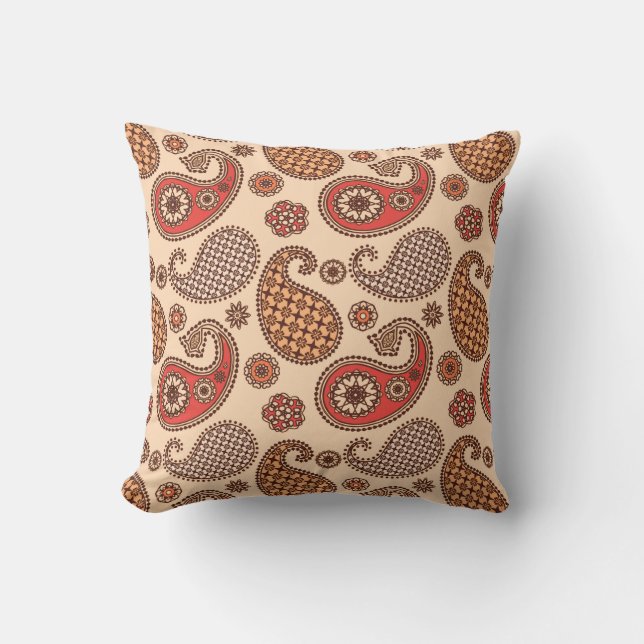 Paisley pattern, peach and coral pink outdoor pillow (Front)