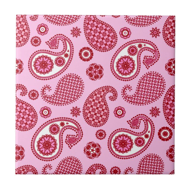 Paisley Pattern, Peppermint Pink and White  Ceramic Tile (Front)
